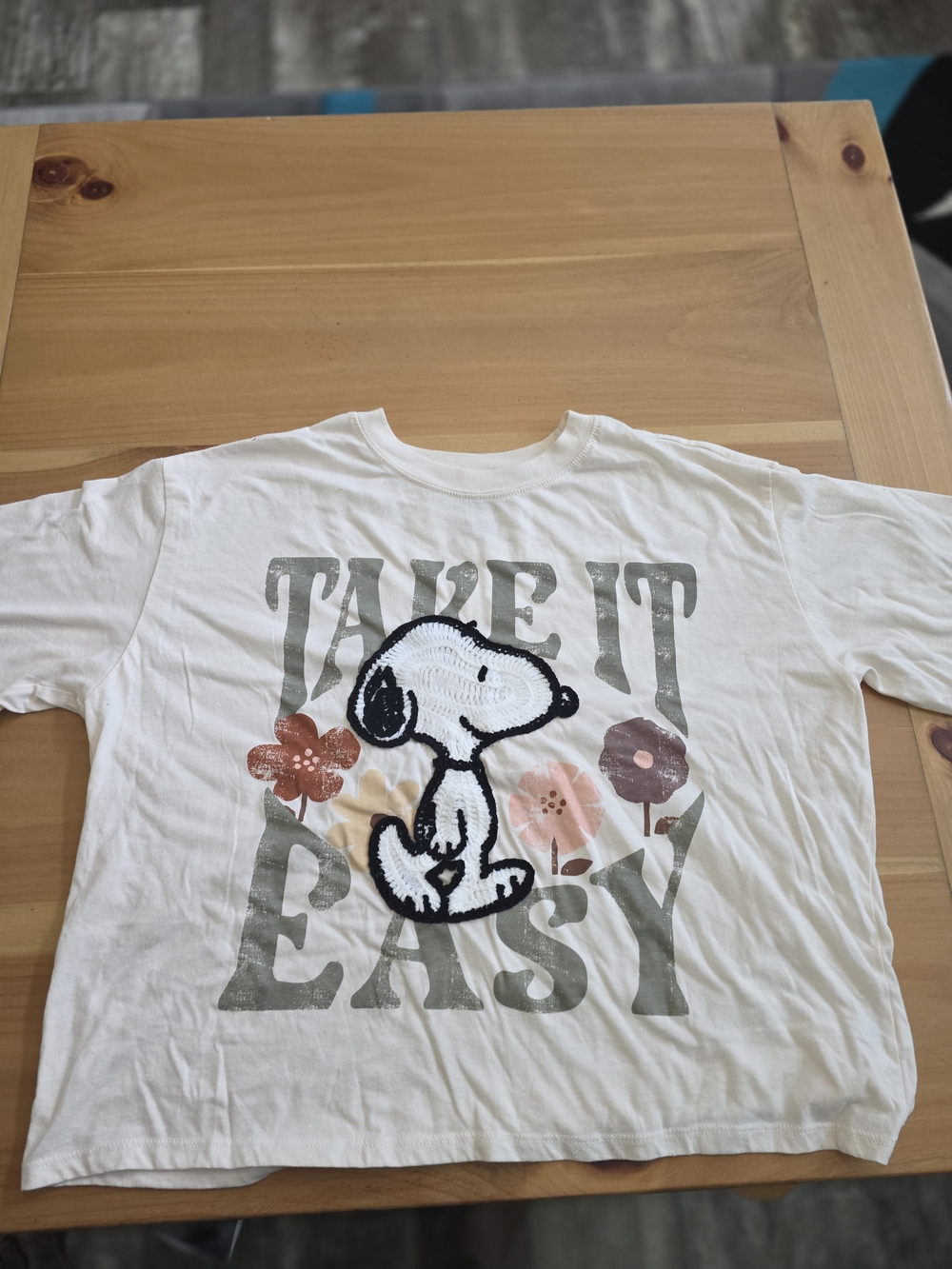 Peanuts Snoopy Yarn Embroidered Crochet Boho Take it Easy Boxy Tee SizeXL